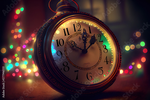 Excellent New Year's at midnight - Old clock and holiday lights. Generative Ai