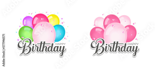 Set birthday text congratulatory with colored and pink balloons and tinsel on a white background