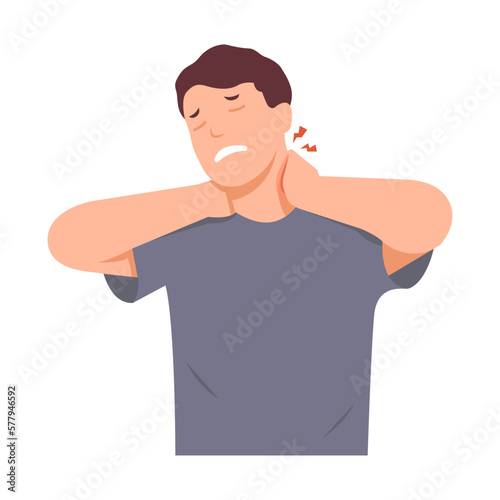neck pain. Young worker or businessman touches his neck because he feels pain. The face of a person in pain. flat style