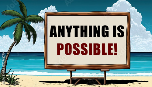 Anything is possible text on billboard on the beach with sea, coconut tree and sky as background. Cartoon style illustration. Inform audience that anything is possible. Digital illustration generative