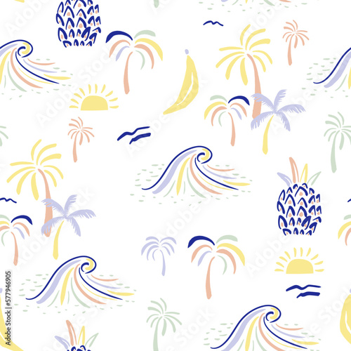 Summer beach seamless pattern with oceanic waves, palm trees, sun. Vector holiday texture