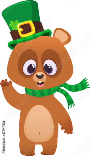 Cartoon happy bear wearing st patrick s hat with a clover. Vector illustration for Saint Patrick s Day. Party poster design