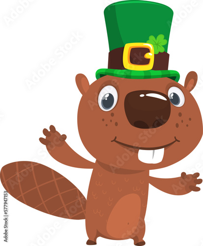 Cartoon happy beaver wearing st patrick's hat with a clover. Vector illustration for Saint Patrick's Day. Party poster design