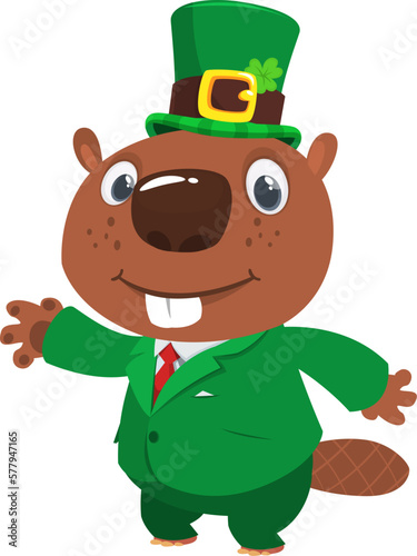 Cartoon happy beaver wearing st patrick's hat with a clover and green suite. Vector illustration for Saint Patrick's Day. Party poster design