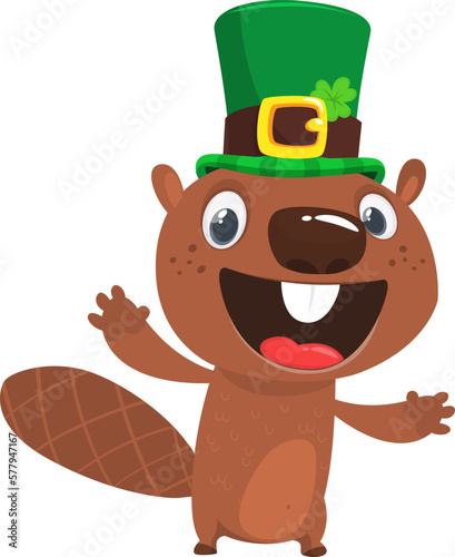 Cartoon happy beaver wearing st patrick's hat with a clover. Vector illustration for Saint Patrick's Day. Party poster design