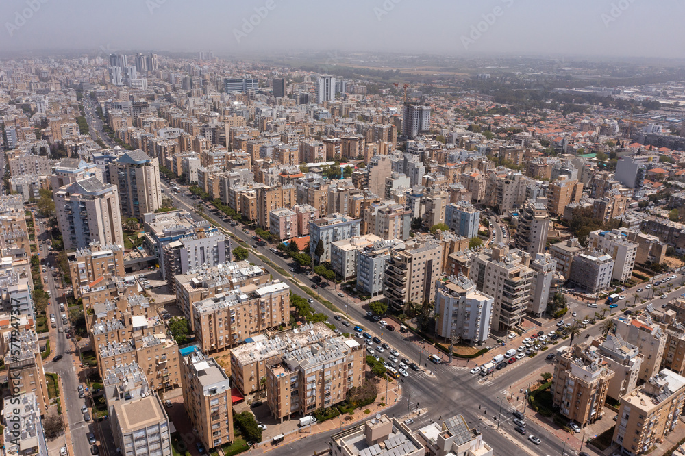 Netanya, Aerial view of the city skyline and coastline buildings
