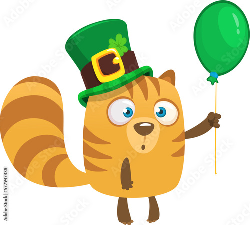 Cartoon happy hamster character wearing st patrick's hat with a clover and holding green balloon. Vector illustration for Saint Patrick's Day. Party poster design.