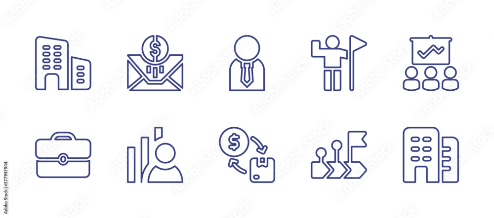 Business line icon set. Editable stroke. Vector illustration. Containing business and trade, send money, businessman, leadership, presentation, briefcase, business analyst, business, roadmap.