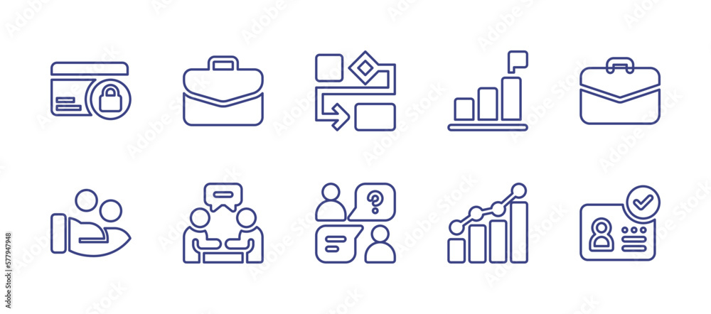 Business line icon set. Editable stroke. Vector illustration. Containing payment protection, briefcase, model, goal, suitcase, coin, interview, bar chart, id.