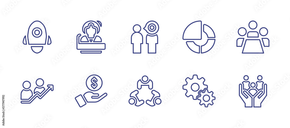 Business line icon set. Editable stroke. Vector illustration. Containing launch, principal, business, pie chart, business meeting, increase, income, meeting, process, family.