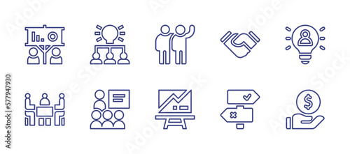 Business line icon set. Editable stroke. Vector illustration. Containing business meeting, understand, teamwork, handshake, user, presentation, decision, loan.
