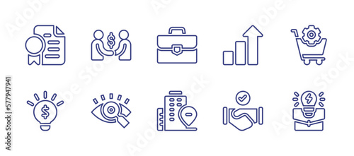 Business line icon set. Editable stroke. Vector illustration. Containing certificate, deal, briefcase, growth, procurement, idea, vision, office building, business idea.