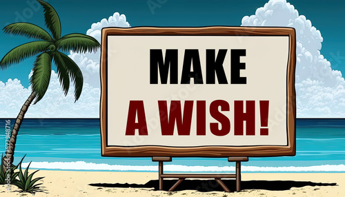 Make a wish text on billboard on the beach with sea, coconut tree and sky as background. Cartoon style illustration. Inform audience to make a wish. Digital illustration generative AI.