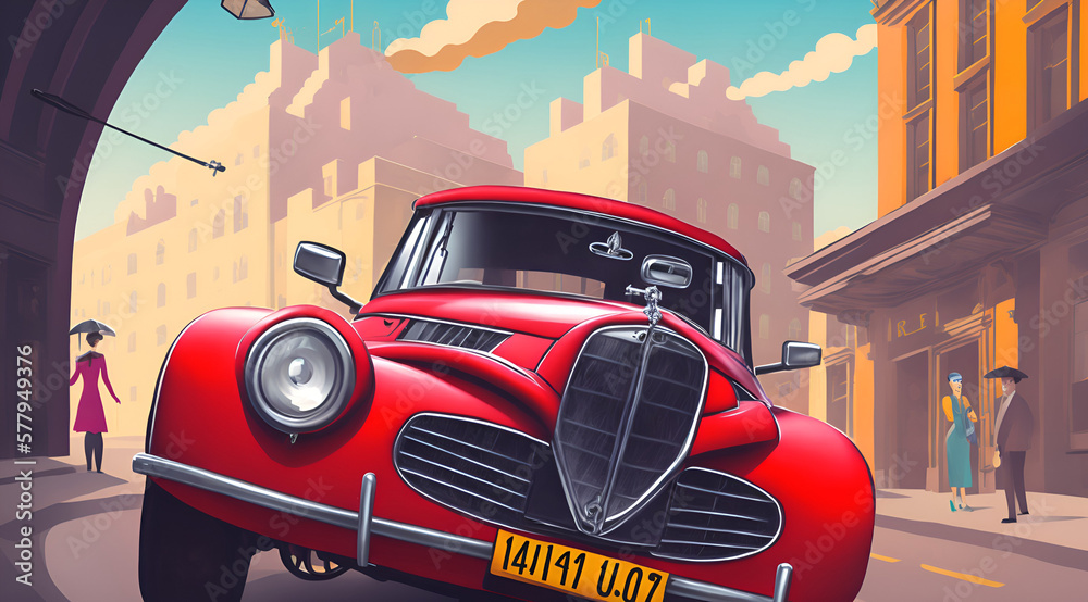 A bustling city street with red 40s sport car. AI generated illustration - obrazy, fototapety, plakaty 