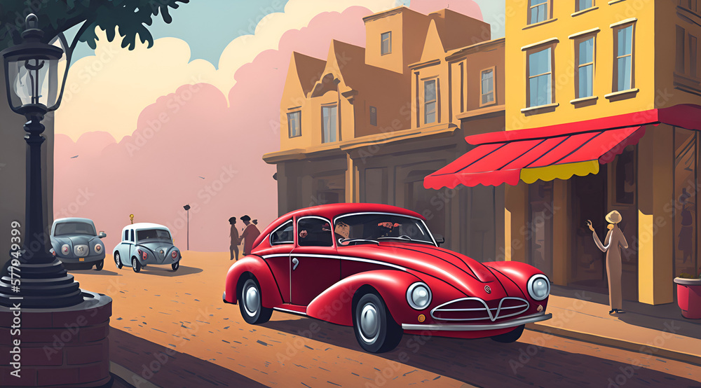 A bustling city street with red 40s sport car. AI generated illustration