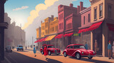 A bustling city street with red 40s sport car. AI generated illustration