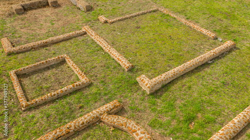 Aerial view on walls of ancient Rome in Ladispoli, in the Metropolitan City of Rome, Italy. Roman ruins. Archaeological park.