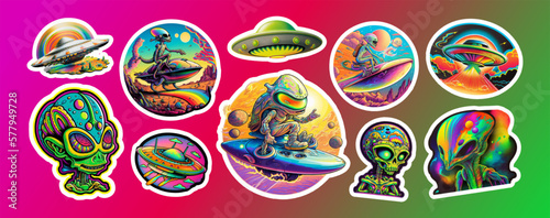 Big bundle of stickers with funny aliens, UFO. AI. Vector collection sticker of psychedelic aliens, UFO isolated background.