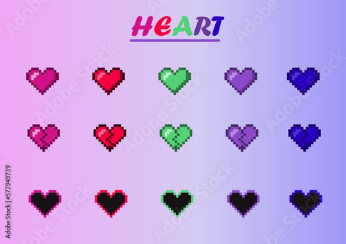 source colorful color heart ,broken heart, game over heart 8bit style in old game