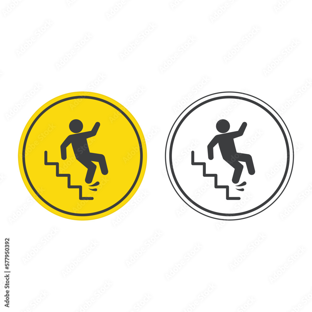 Warning falling off the stairs sign. Slippery stairs warning vector plate isolated on white background. Yellow triangle with falling man in modern flat style. EPS 10. Warning falling off the stairs sign. Slippery stairs warning vector plate isolated on white background. Yellow triangle with falling man in modern flat style. EPS 10.