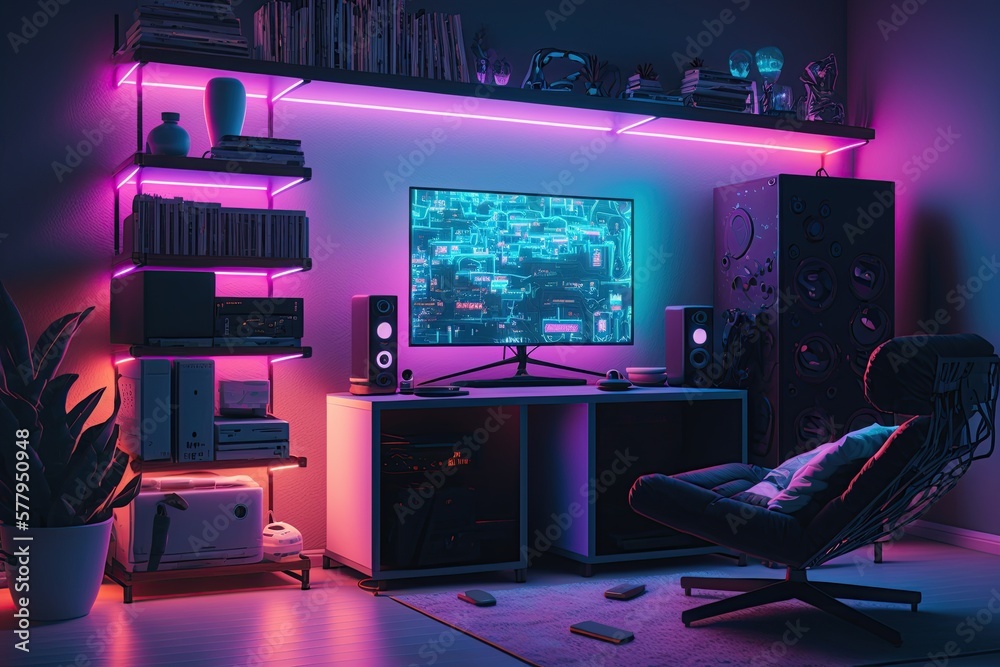 Modern gamer room with neon lights, created with AI, AI, generative AI Modern gamer room with neon lights, created with AI, AI, generative AI