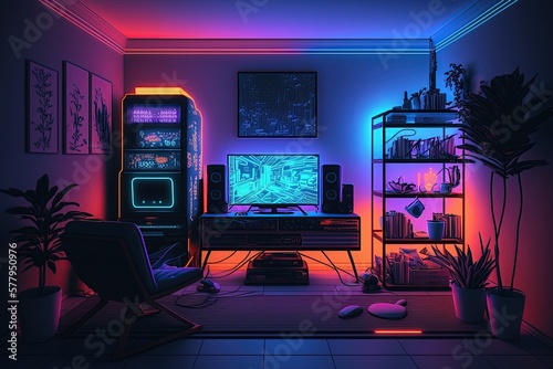 Modern gamer room with neon lights, created with AI, AI, generative AI