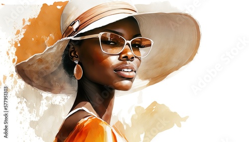 african american fashion girl with a sensual, passionate look, high fashion model with sun hat, luxury sunglasses and sparkle earrings, watercolor illustration for adverstising fashion accessories photo