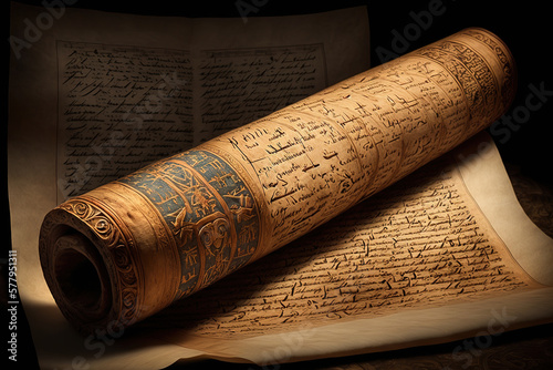 Ancient Egyptian papyrus scroll. Generative AI. photo