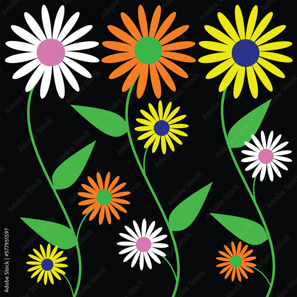 Colorful Daisy flowers pattern on black background. Vector illustration for your design
