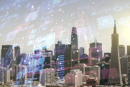 Double exposure of abstract creative programming illustration on San Francisco office buildings background, big data and blockchain concept
