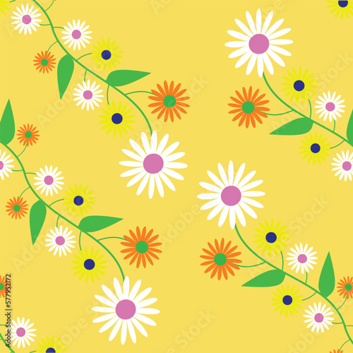 Seamless pattern with colorful daisies on yellow background. Vector illustration.