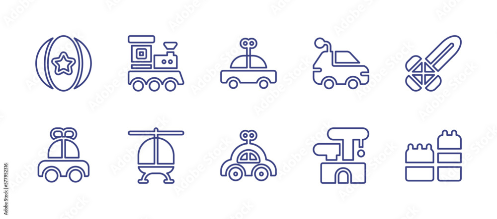 Toy line icon set. Editable stroke. Vector illustration. Containing ball, train, car, rc car, sword, toy car, helicopter, scratcher, blocks.