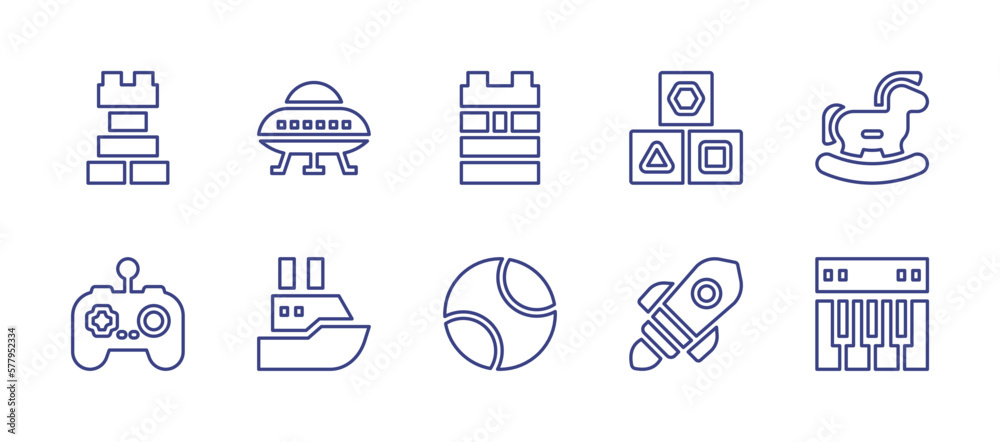Toy line icon set. Editable stroke. Vector illustration. Containing block, ufo, toy block, cubes, rocking horse, remote control, boat, ball, rocket, piano.