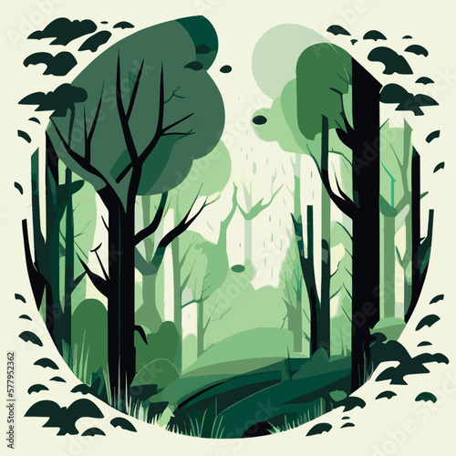 Green forest in a circle. Panorama of the forest. Eco forest. Forest vector illustration.