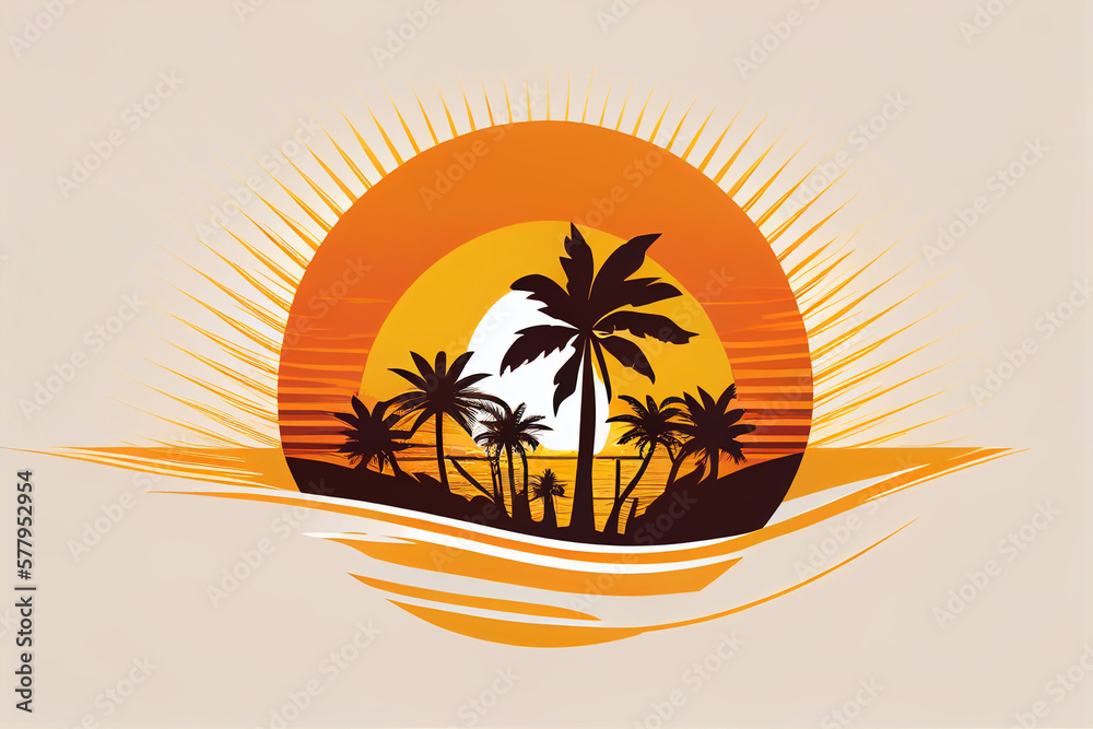 Palms beach logo design illustration. Sunset on Beach with Palm Tree ...