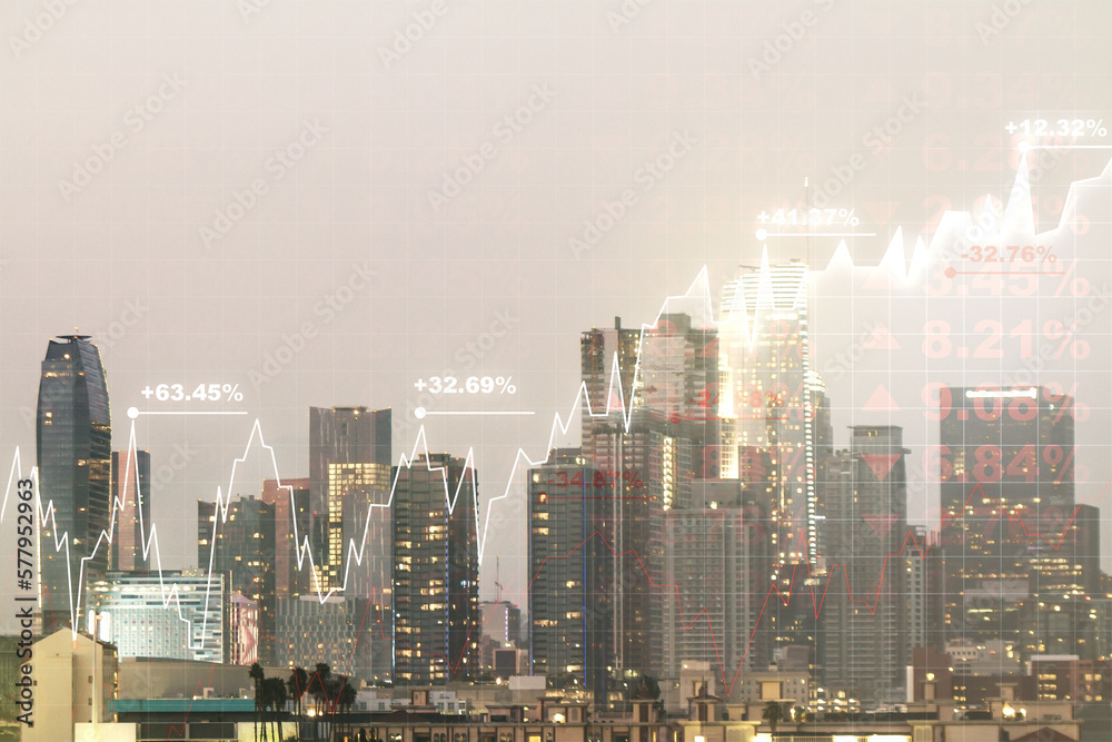 Fototapeta premium Multi exposure of virtual creative financial chart hologram on Los Angeles skyscrapers background, research and analytics concept