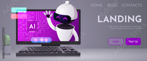 Computer monitor with robot. Chatbot and AI concept.