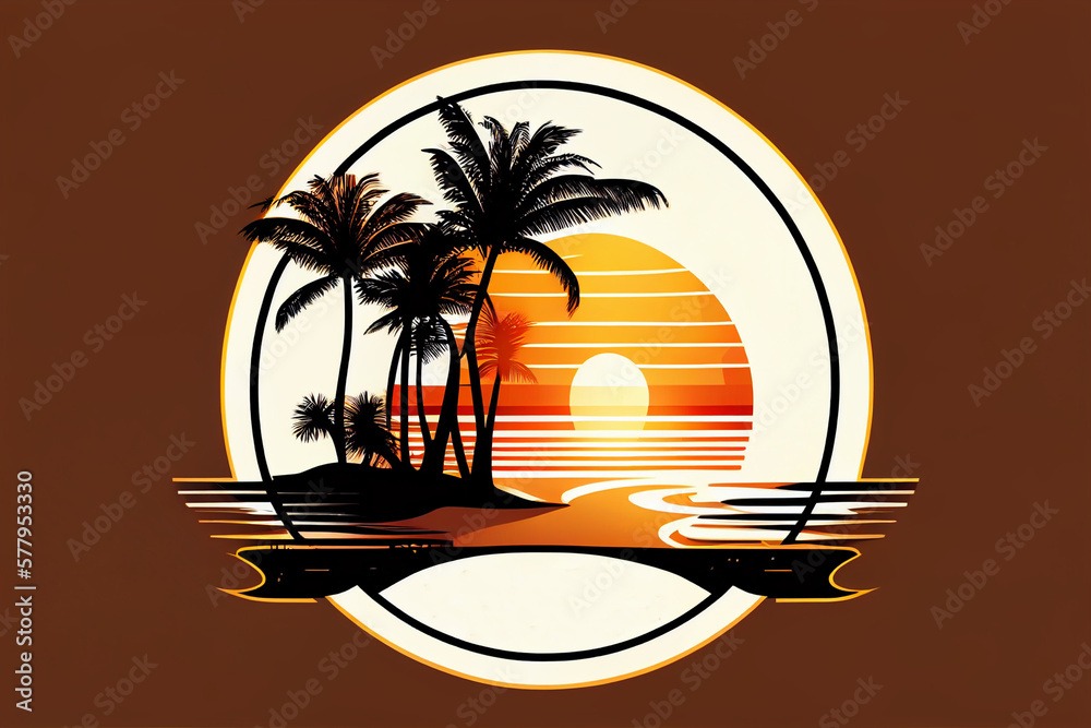 Palms beach logo design illustration. Sunset on Beach with Palm Tree ...