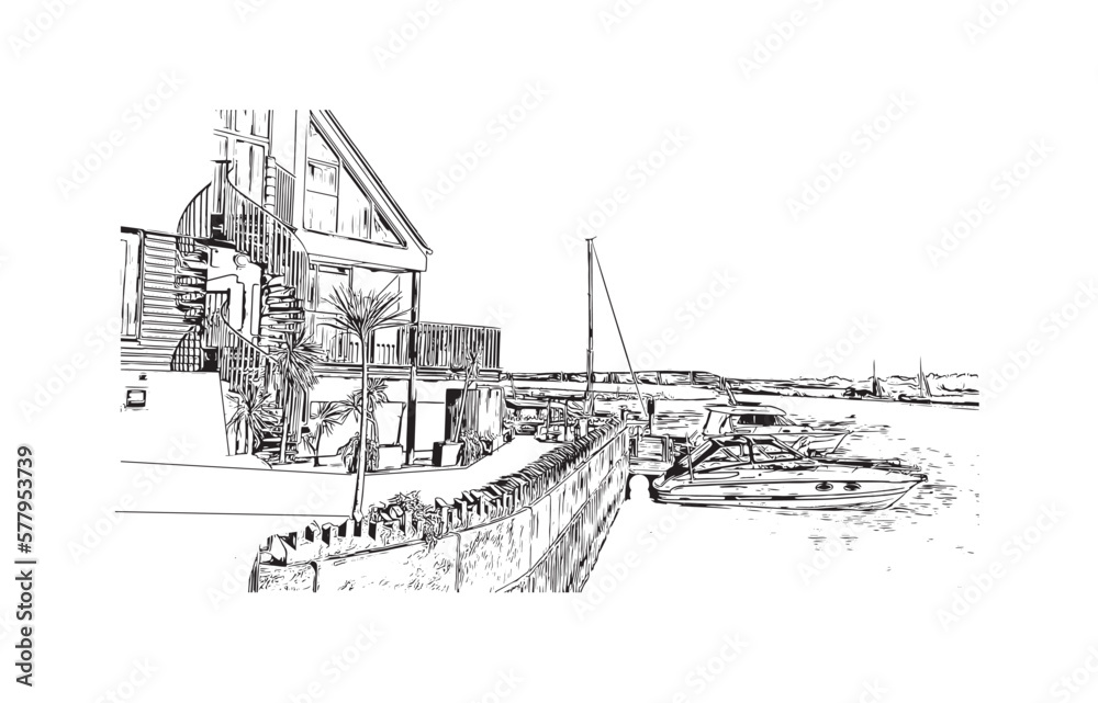 Building view with landmark of Portsmouth is the 
city in England. Hand drawn sketch illustration in vector.