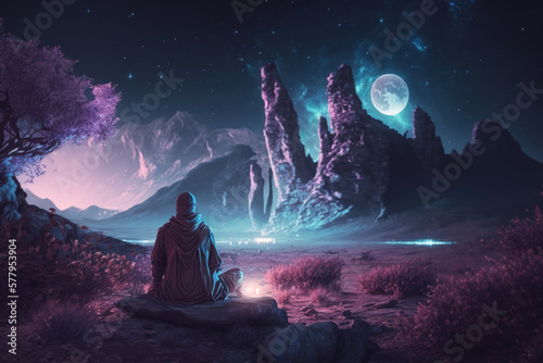  Meditation: Meditating man in a calm atmosphere with a beautiful landscape | Generative AI Production