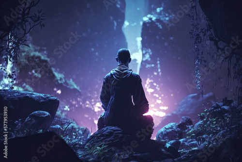 Meditation: Meditating monk in a calm atmosphere with a beautiful landscape   Generative AI Production © INGVAR. Studio