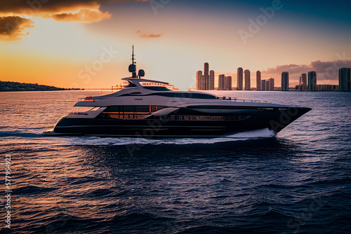 Yacht in sea against the backdrop of skyscrapers buildings in Miami. Yacht motorboat in sea on sunset.  Yachting sport in Florida. Super yacht in ocean  Ai Generated Illustration.