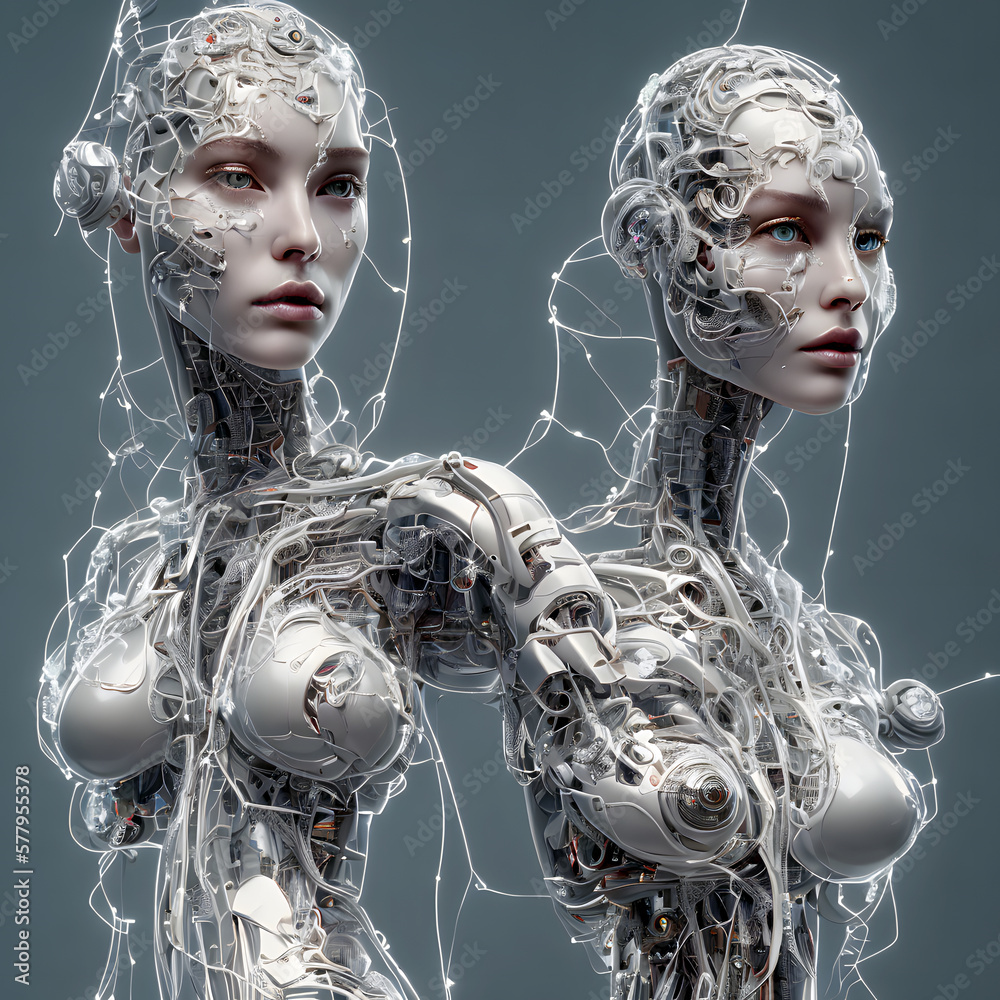 Ki. Ai. Maschinelles lernen. Cyborg weiblich, nur das Gesicht ist menschlich. Biopunk Ki. Ai. Maschinelles lernen. Cyborg weiblich, nur das Gesicht ist menschlich. Biopunk
