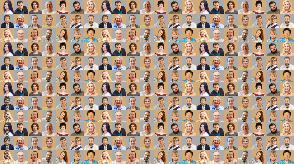 Collage of diverse multi-ethnic and mixed age people expressing different emotions 