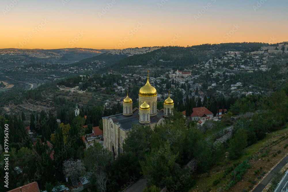 Golden domes of Gorny Monastery in Jerusalem, Early morning aerial shot