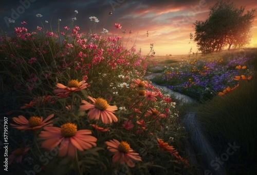Vibrant Beauty of Nature: An AI-Generated Render of a Tranquil Meadow at Sunset © MrnSailor