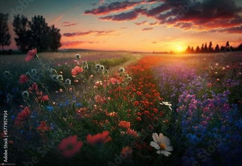 Vibrant Beauty of Nature's Tranquilizingly Colorful Sunset Meadow