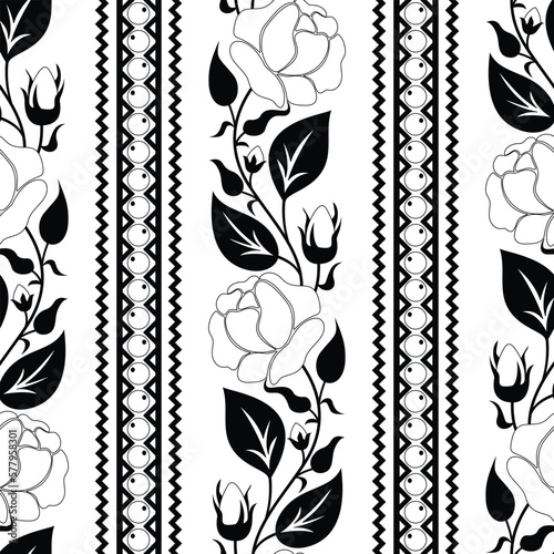 Seamless Pattern with Rose Inspired by Ukrainian Traditional Embroidery. Ethnic Floral Motif, Handmade Craft Art. Vertical Oriented Stripes. Coloring Book Page. Vector Contour Illustration