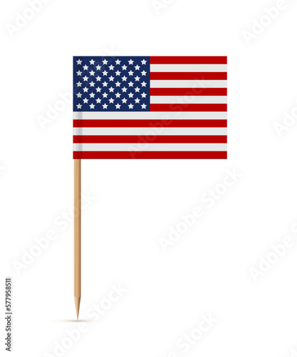 Miniature rectangle paper American flag on wooden stick or toothpick. Decoration for cupcake or other food. 4th of July, Independence or Presidents Day of USA, United States of America