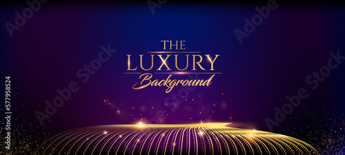 Blue Golden dotted Edge Lines Stage Spotlights. Royal Awards Graphics Background. Lights Elegant Shine Shimmer Modern. Luxury Premium Corporate Template. Sparkling wavy flow Abstract Certificate Post